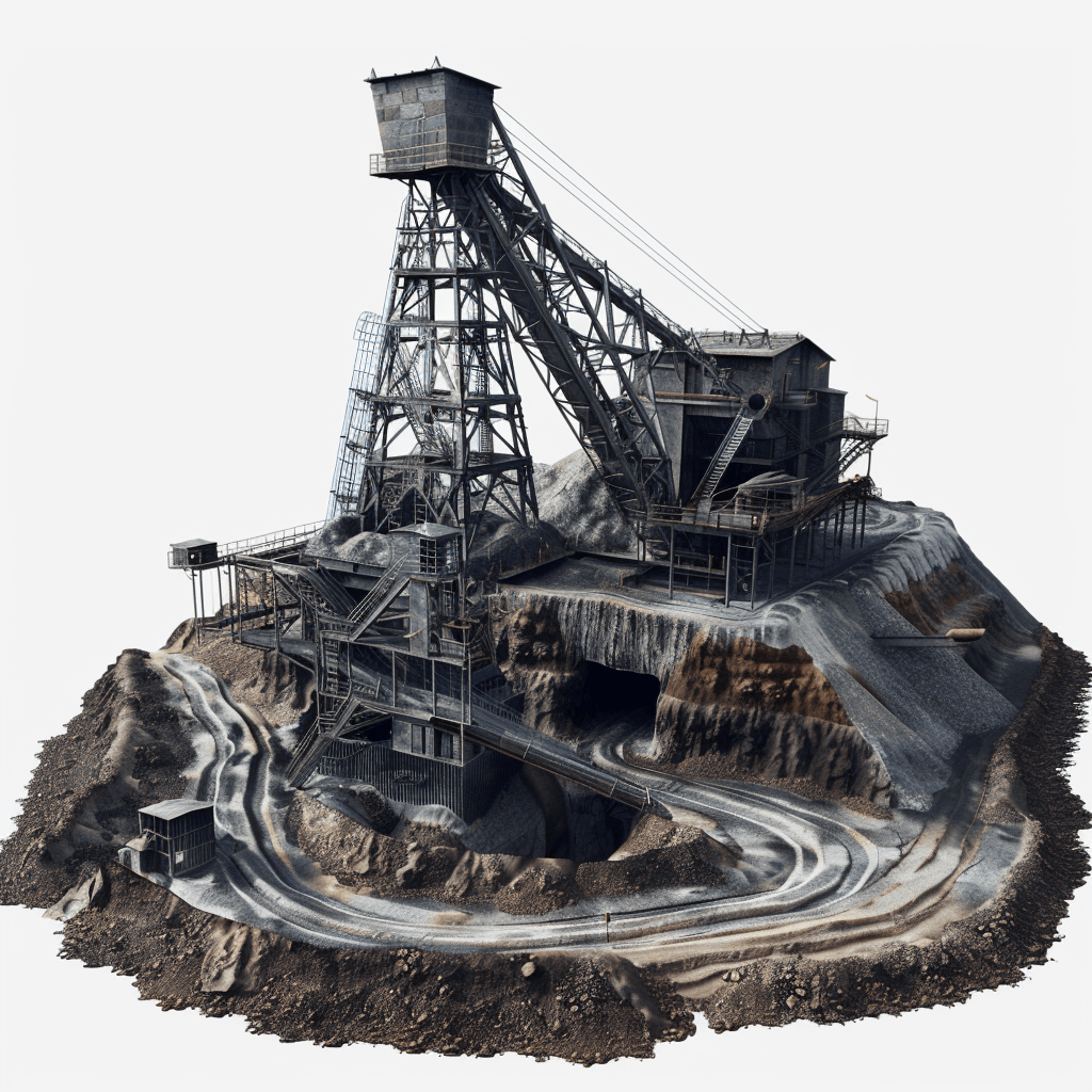 A photorealistic 3D render of an old open pit mine, with the head frame and winch visible on top of it. The scene is isolated against a white background as cut out picture, lens flares, centered composition, front view, sharp focus, studio photography