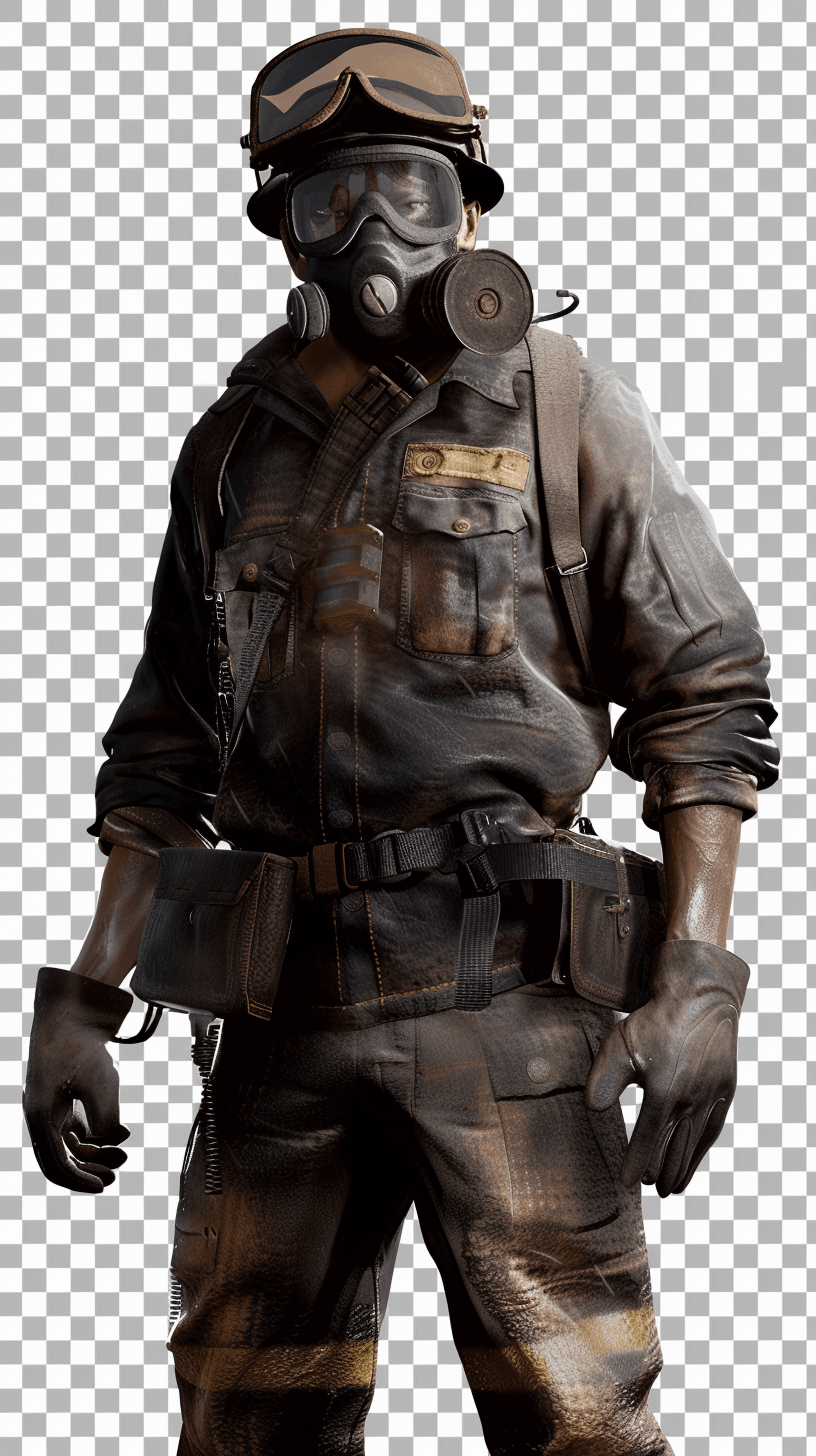 Black jeans, military vest and gas mask on top of it, battlefield background, character in the style of calliope mairis game art, full body, transparent background, full body shot, no outline, hyper realistic, 3d render, 406×578 resolution