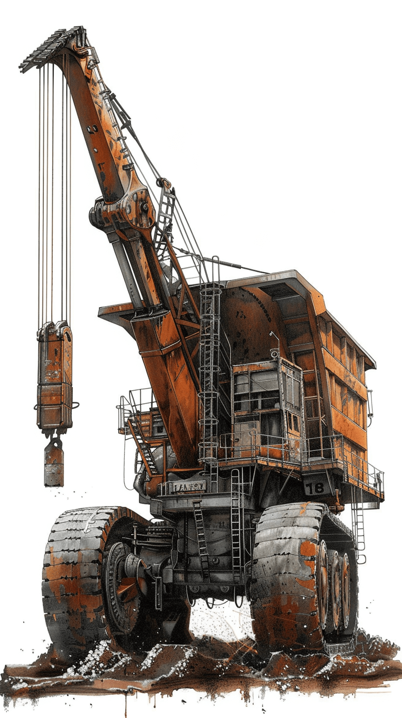 A highly detailed illustration of an old rusty giant brown mining crane against a white background in the style of [Craig Mullins](https://goo.gl/search?artist%20Craig%20Mullins). A wide angle, full body shot of the crane.