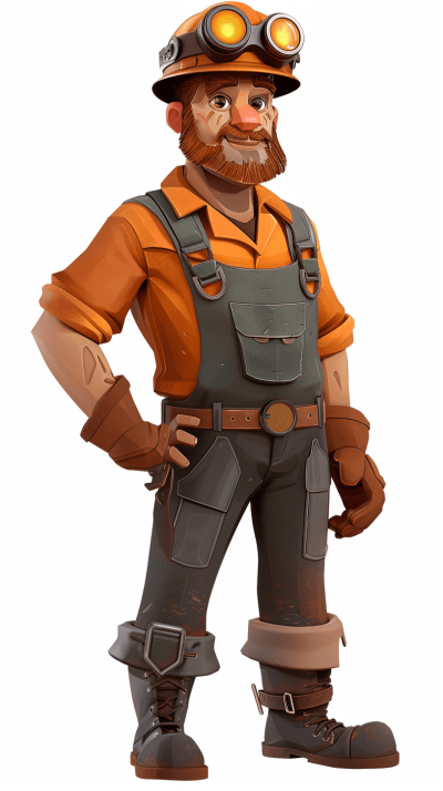 full body cartoon illustration of the game character steampunk miner with a big beard, wearing leather overalls and goggles on his head, an orange shirt, dark gray pants, brown boots, in the style of Pixar, on a white background, in full color, with bright and vibrant colors, in a happy mood, wearing casual , shown in a full length view