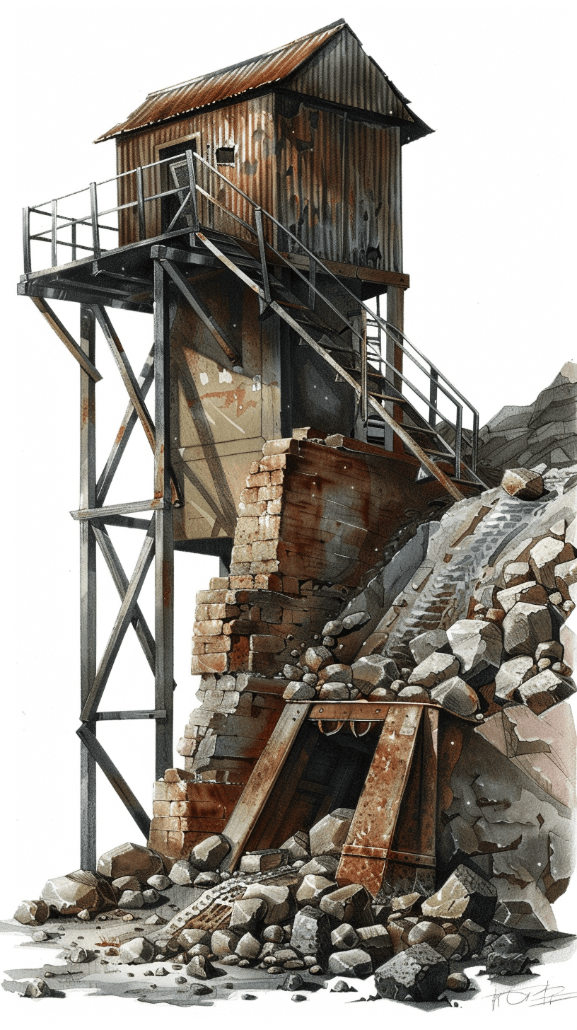 A highly detailed watercolor illustration of an abandoned mining tower with rubble and rocks, realistic, high quality, white background, muted colors, distressed edges in the style of an abandoned mining tower with rubble and rocks, realistic, high quality, white background, muted colors, distressed edges.