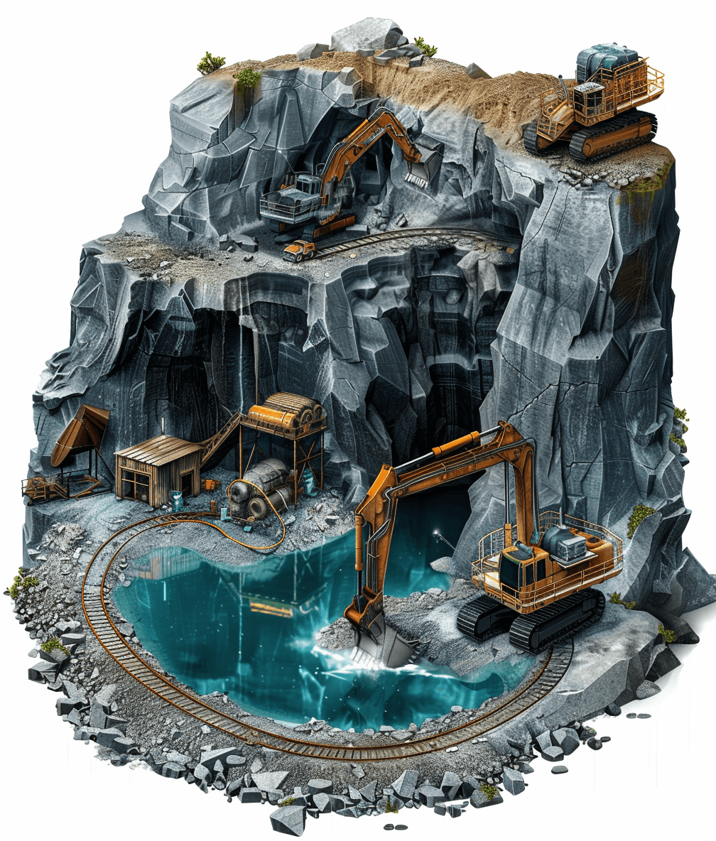 A detailed isometric view of an open pit mine with excavators, wires and rock hanging from the ceiling and cyan water in small pond. The scene includes rocks and chiseled walls around the pool, all set against a white background. This concept art piece captures a mining environment with machinery and natural elements, providing a clear perspective on how to create a realistic depiction of working at this site. Isolated design asset icon, game design asset element, game artwork logo vector graphic illustration sticker or t shirt print