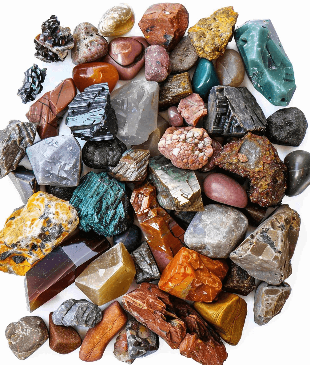 A pile of natural gemstones in various shapes and sizes, with an array of colors including brown, reds, oranges, black, grey, teal green, yellow and white on a pure white background. The stones range from small pebbles to large rocks, creating a dynamic composition that emphasizes the beauty and diversity of these precious crystals.