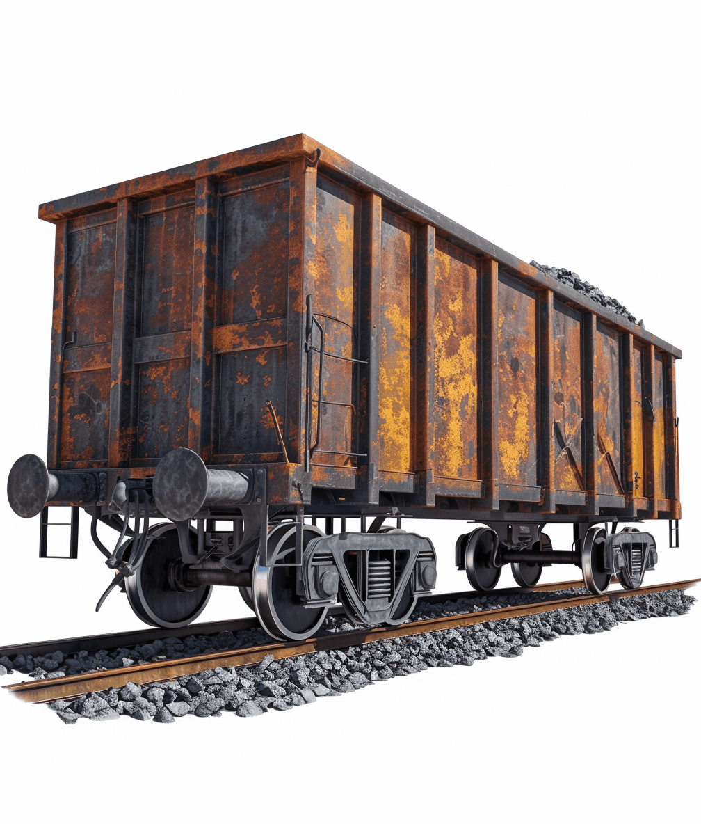 side view of an old rusted and weatherd train car with coal, isolated on white background, 3D rendering