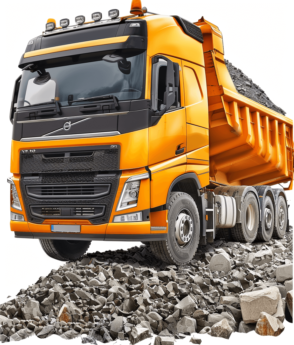 A yellow and black beige Orange saying with white background, A photo of an orange volvo truck filled to the brim full of rocks on top driving fast in front of it is some construction materials, white isolated background, photorealistic details, high resolution, high quality, high detail