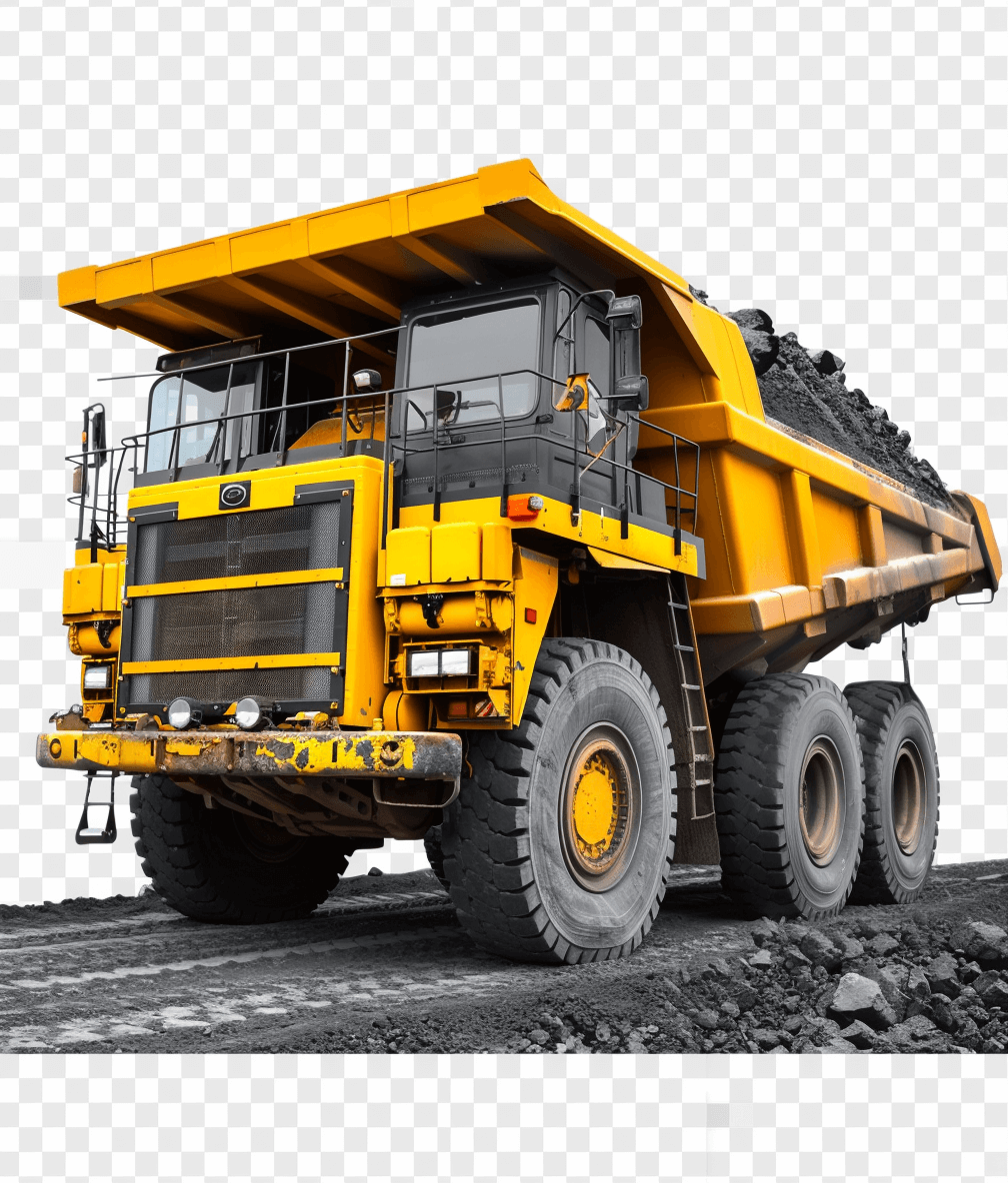 Yellow big heavy dump truck full of coal, transparent background PNG ultra realistic photo.