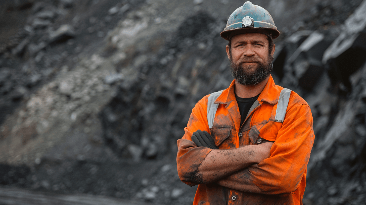 Portrait of a smiling miner with crossed arms against a coal mine background, professional photography in the style of Canon R5