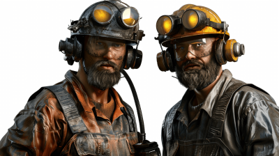 Two coal miners with headsets on, one wearing a helmet and the other without, on a white background, hyper realistic art in the style of a game.