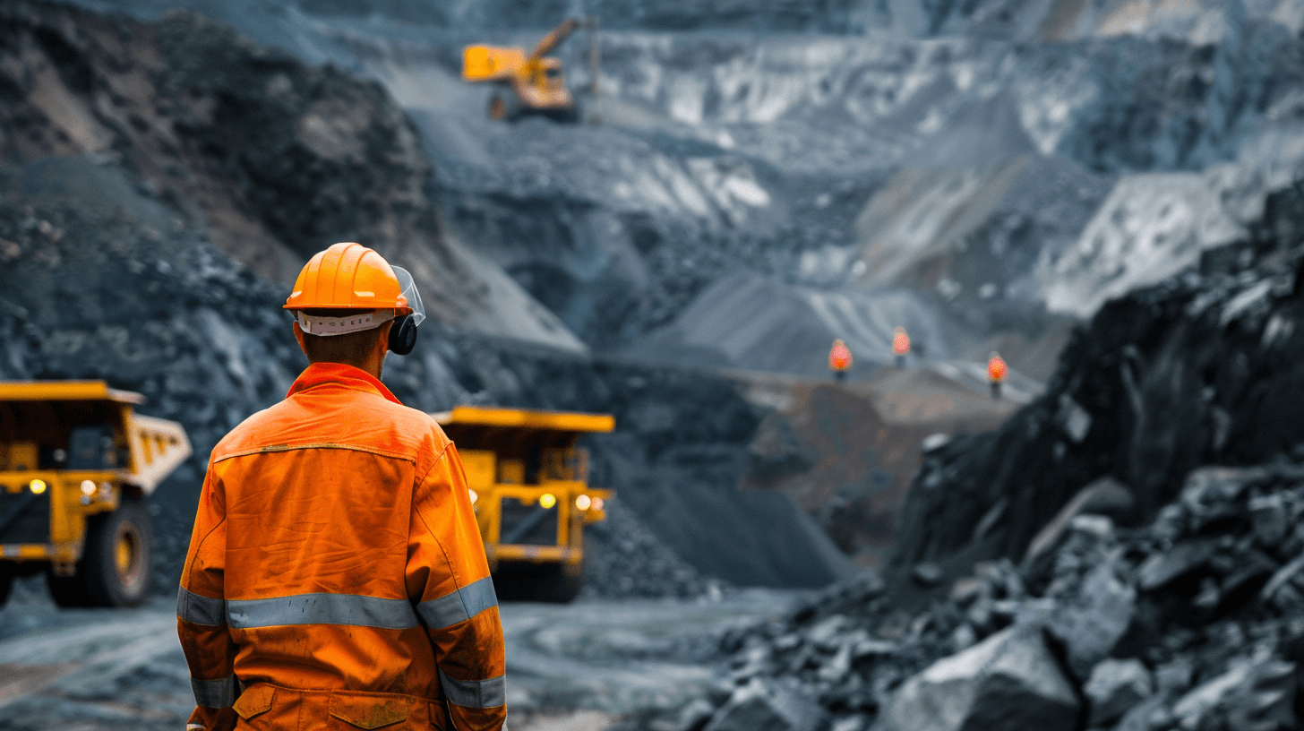 A professional photo of an engineer in the foreground wearing an orange uniform and helmet, looking at large trucks working in an open pit mining area with dark rocks and black soil in the style of high resolution.