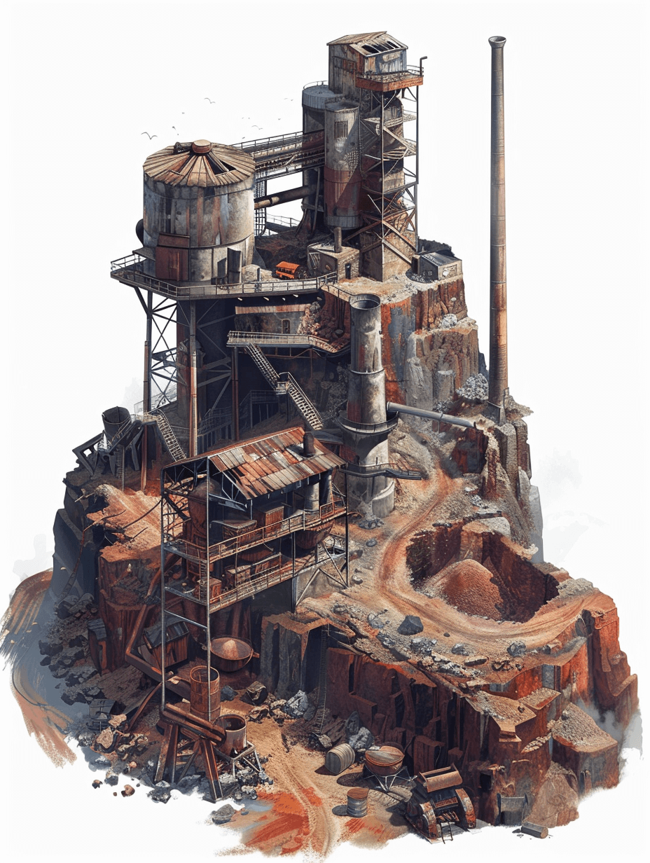 A fantasy concept art of an industrial mining facility built on top of the remains of old ruins, with a white background, as a concept sketch in the style of a medieval D&D style, with rough brush strokes and a visible painterly technique in the digital medium, with detailed architecture and detailed metal structures with rusted iron details.