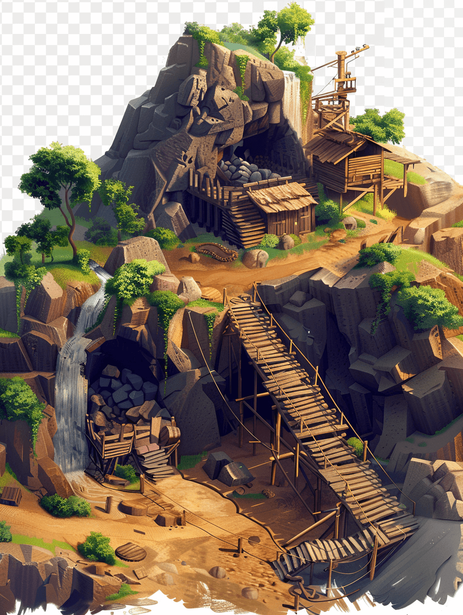 isometric view of a fantasy medieval mining mountain with wooden stairs, big rocks and waterfalls in the style of a 2d game art style, handpainted details on a white background, rough textures, soft shadows, low contrast color grading, TTRPG rulebook illustration, D&D concept art, isolated on a transparent png background