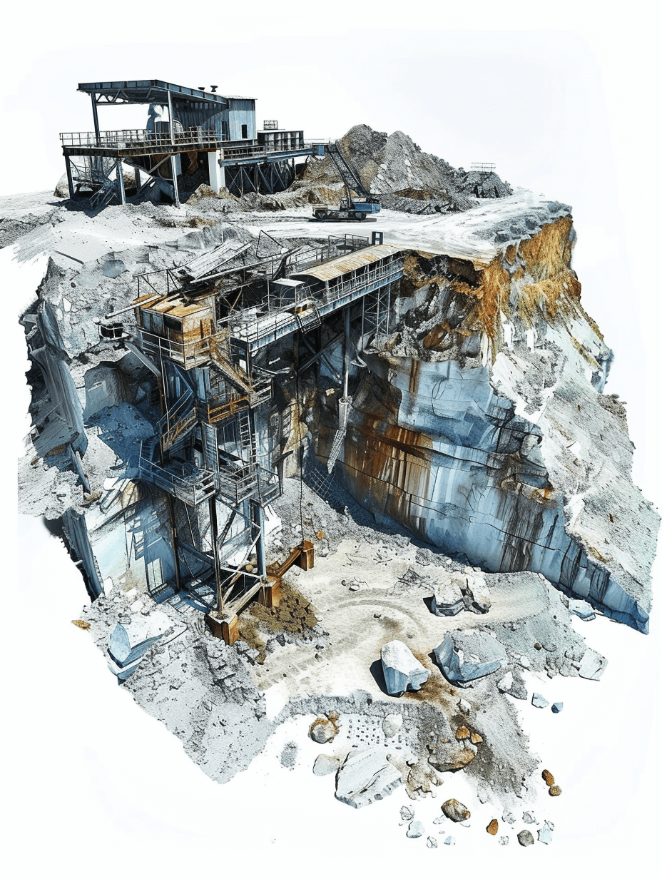 3d scan of abandoned mining site, highly detailed, white background, blue and grey colors, with old buildings and structures, broken machinery, debris scattered around the area, a small cliff on one side, rocks visible under thick ice in parts of scene,