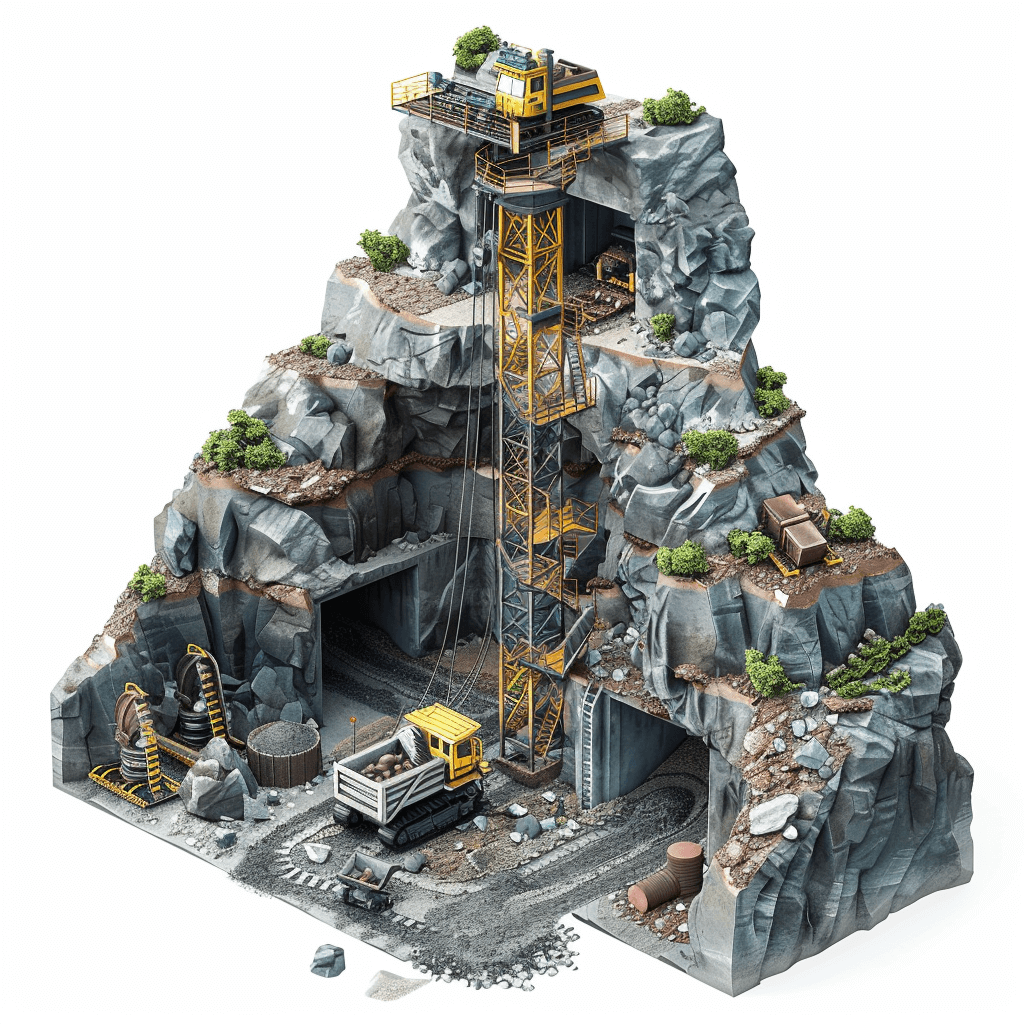 isometric rock pit with cave entrance in the style of yellow crane and heavy machinery on top of mountain with rocks around it, white background, 3D render, high resolution, highly detailed, very realistic