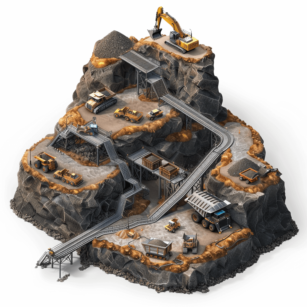 A mining site with trucks, excavators and large rocks on a white background, in an isometric view, in the style of a photorealistic Unreal Engine render with minimal spelling, grammar or repeated word errors and without Chinese characters.