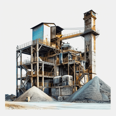 photo of an industrial building for the production and processing of sand, on top there is an air seat with pipes and other equipment, behind it large piles of gray rocks, against a white background, photorealistic techniques, light blue and dark beige, high resolution, industrial photography, raw style