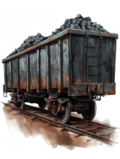 A coal car filled with coal, viewed from the side. The cars have steel sides and black wheels on a white background. In the style of [Greg Rutkowski](https://goo.gl/search?artist%20Greg%20Rutkowski), a digital painting for a boardgame cover.