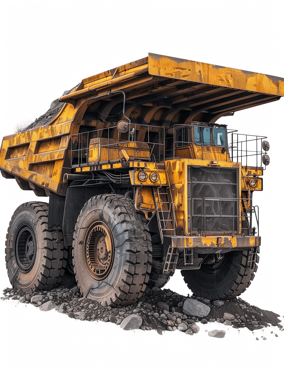 A highly detailed yellow mining truck with large tires, covered in coal on white background for cutout isolated on the white background, front view, illustration, airbrush art style, watercolor, hand drawn, hyper realistic, cinematic lighting, intricate details, volumetric light, high resolution, super detailed