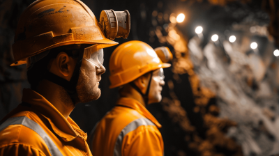 A photo of two mining workers wearing orange overalls and yellow helmets in the mine. Another mine worker stands behind them with a headlight on their helmet looking at coal. A close up shot in the style of unsplash photography.