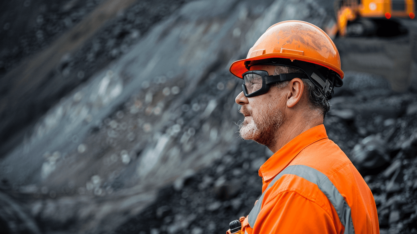 A portrait of an older worker in orange and grey overalls, wearing safety glasses and helmet at a coal mine site with trucks in the background, shown from the side, in the style of unsplash photography.