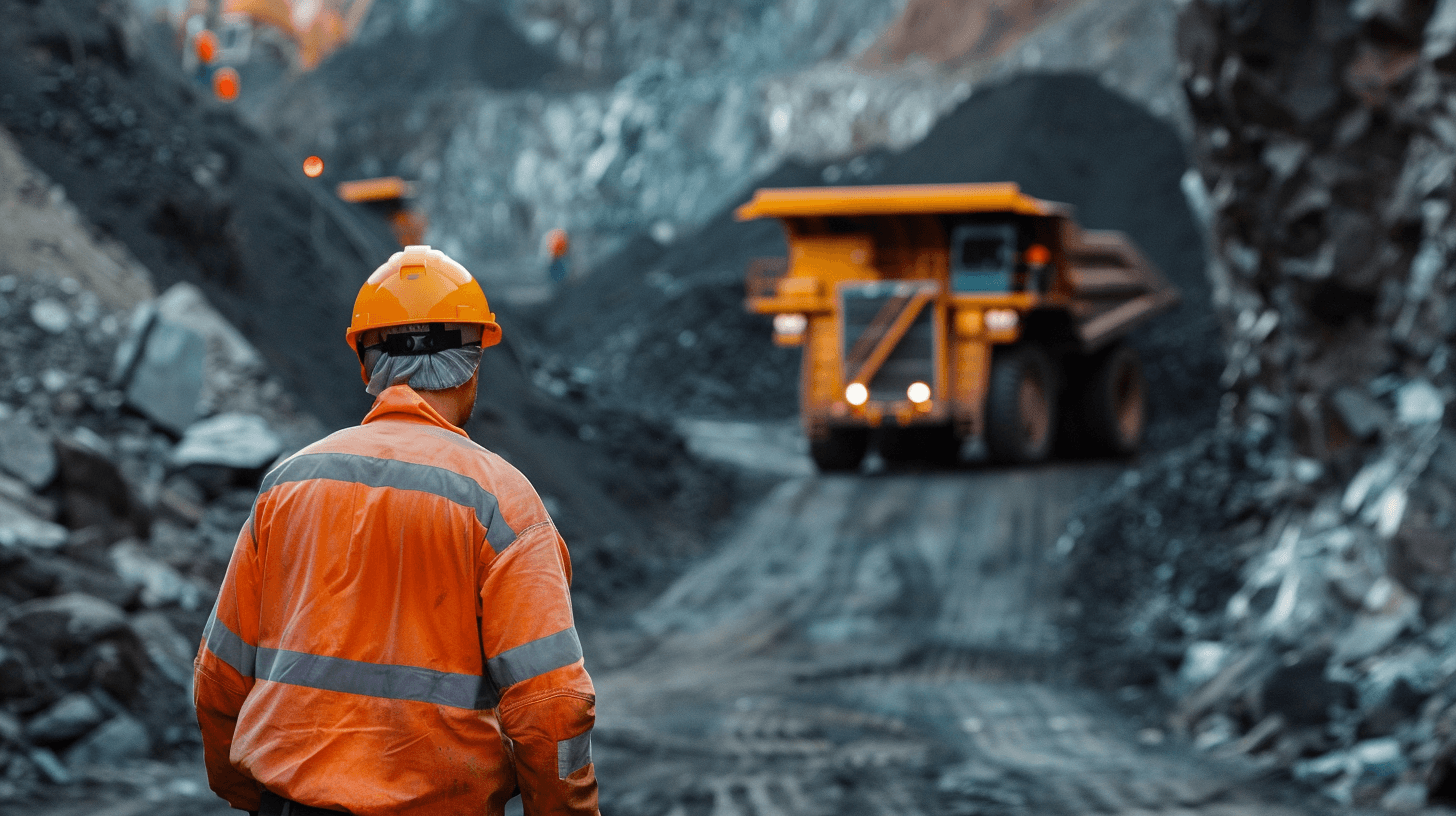 Photo of an orange uniformed worker with helmet standing in front of mining truck on the road, looking at it while there is a dump trucks coming from inside a mine tunnel full of coal, photo taken by Sony Alpha A7 IV camera, wide angle shot, professional color grading, soft shadows, no contrast, clean sharp focus