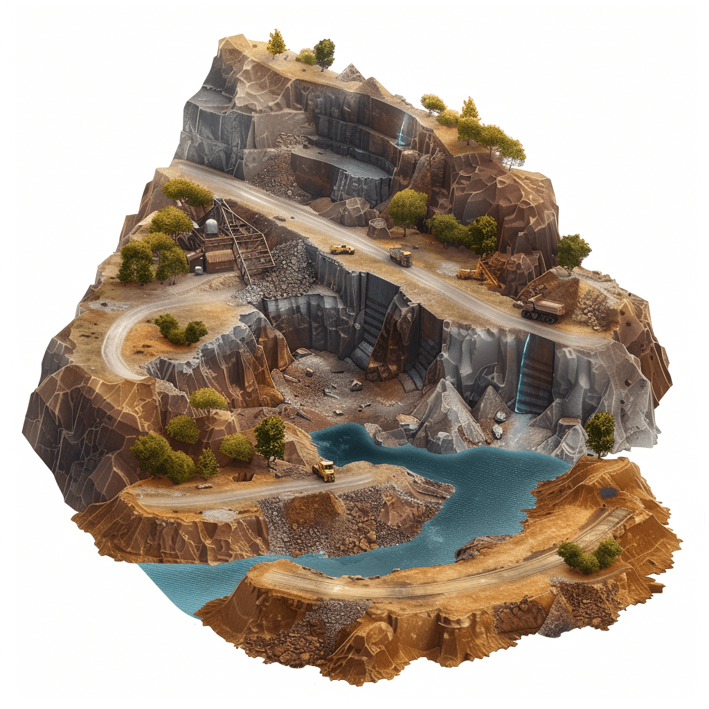 isometric view of a rocky mountain with a road, lake and an open pit mine on the side, white background, 3D render, game art style, high resolution, clear shadows, light highlights, sharp focus, high detail, sharp lines, high contrast, clean background, no blur, in the style of 2D cartoon, hyper realistic