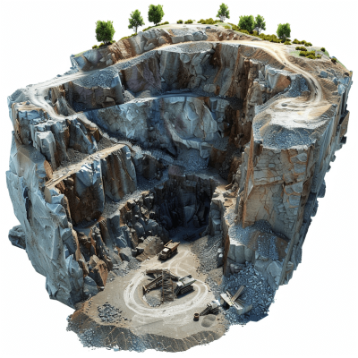 isometric view of open pit marble mine, cutout for modeling and texturing game environment in blender, white background, 3d render, high resolution photography, hyper realistic, hyper detailed, hyper colored