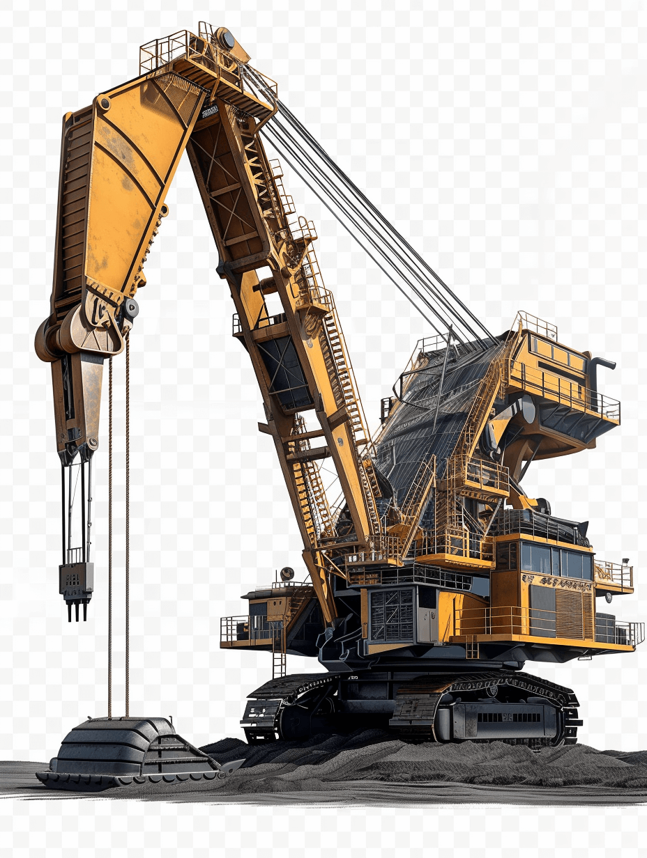 photo realistic, huge mining machine with long bucket arm and lots of pipes on the side, transparent background