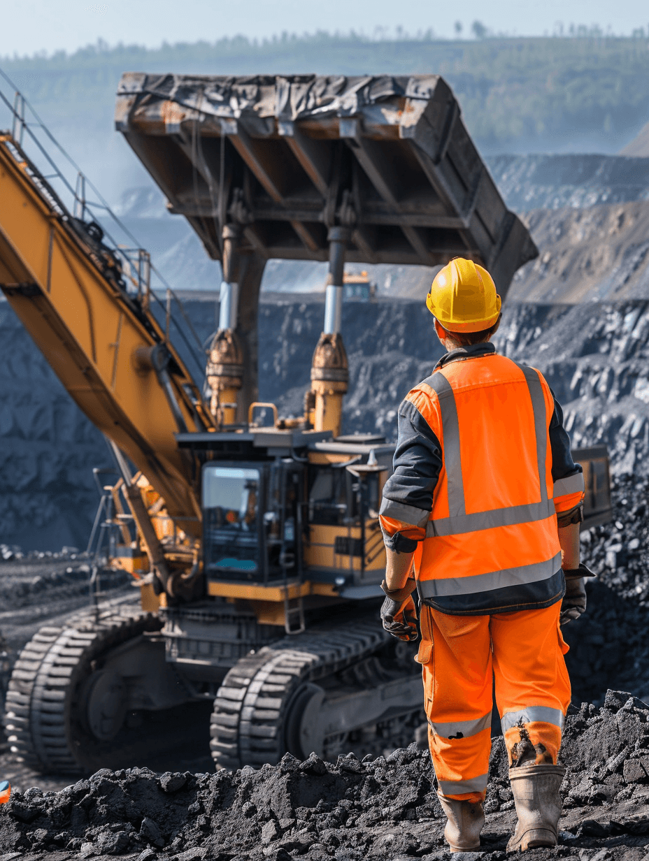 photo of a mining worker standing in front and looking at the big excavator on an open pit coal mine, wearing an orange safety vest with black pants and a yellow helmet. The worker is standing in the style of an excavator in the background.