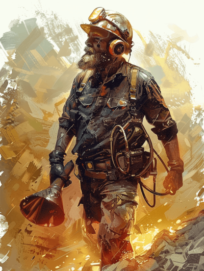 A dirty, grimy and rugged looking miner with an air lighter in his hand is walking towards the viewer. He is wearing heavy industrial , a helmet and goggles on top. The background features dusty, smoky terrain with scattered diamonds that resemble rocks or buildings. It has a warm color palette with hues like golds, browns and yellows. In the style of digital art with brush strokes.