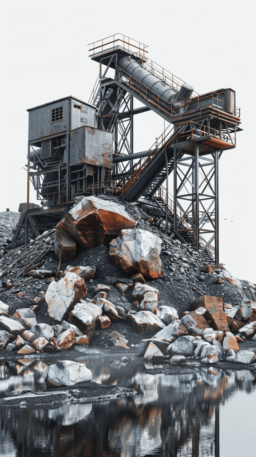 Photorealistic photo of an industrial stone mining scene with rocks in a vertical shot. Big stones are on the ground next to water. There is also machinery for breaking up rock into small pieces. The background color should be white. This scene conveys elements from modern industry in northern Norway. It’s a bright day with natural lighting, and the overall mood feels nostalgic and vintage in the style of early 20th century Norwegian photography.