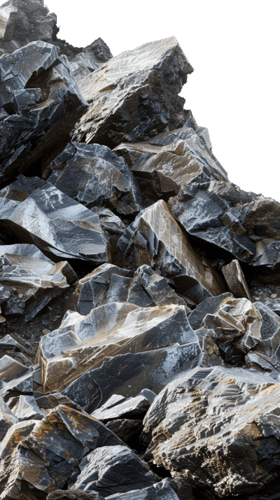 Black rock pile, closeup of rocks, transparent background, high resolution, high detail, high quality, high definition. The pile of black rocks is shown in closeup, with a transparent background, in high resolution, detail, quality and definition.