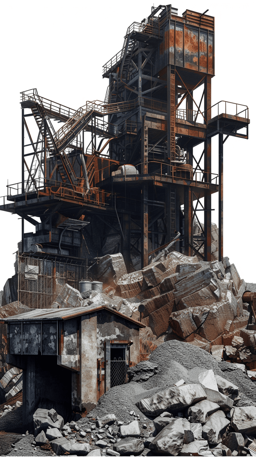 A photorealistic and detailed depiction of an abandoned steel mill building with rusted metal structures and scattered rocks and debris around it on a white background, cutout PNG file with no shadow in the style of ZBrush, isolated elements, and metal materials. The scene includes machinery and architecture made from raw iron material, with signs of wear and tear, capturing its industrial essence. This is a highly realistic, high-resolution image with sharp focus and high resolution.