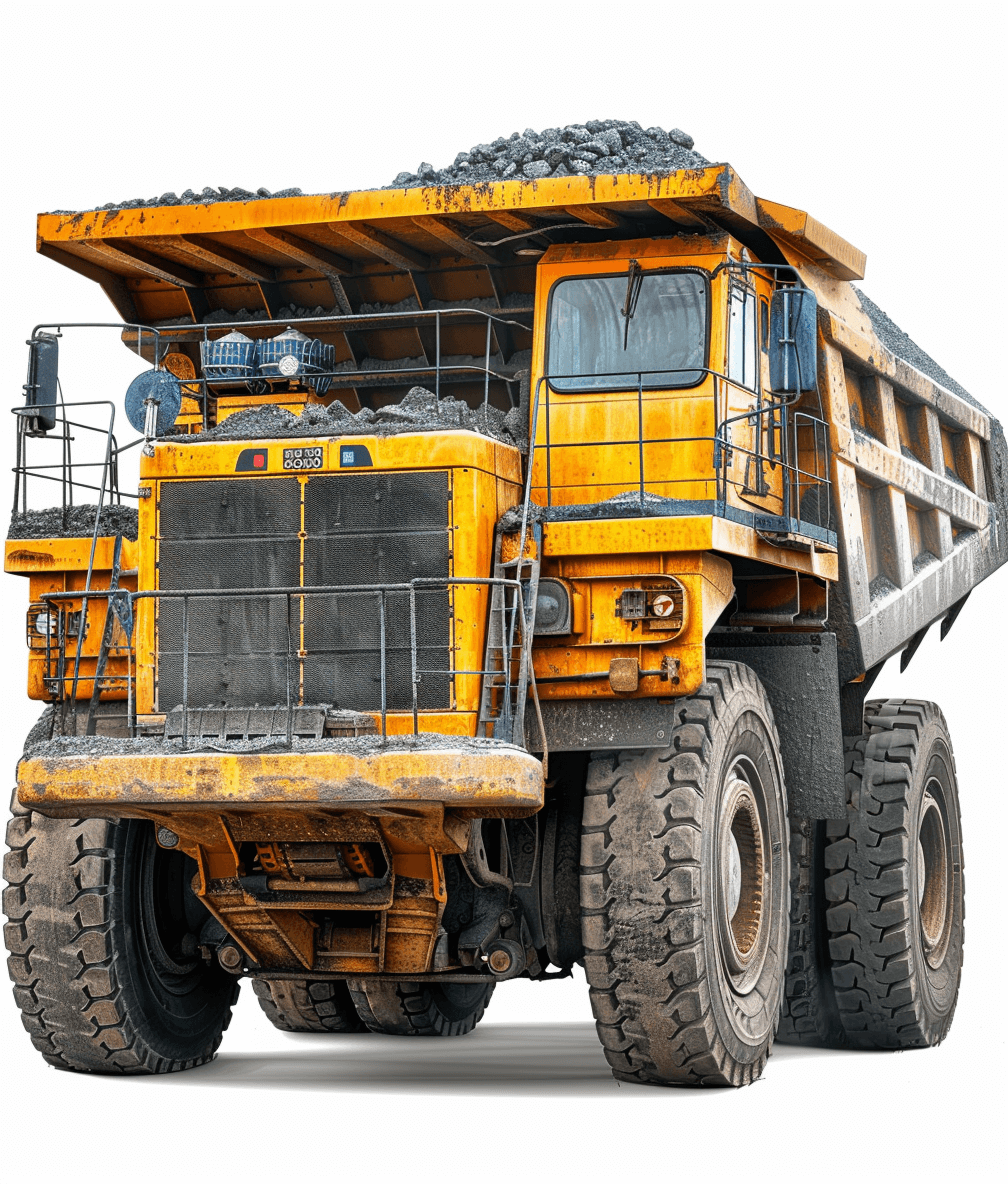 A large yellow heavy mining truck with big wheels and lots of coal in the cargo area, on a white background, photographed in a photorealistic, high resolution style, with insanely detailed features, in a hyper realistic style, isolated against a plain solid white backdrop, isolated on a clean white background.