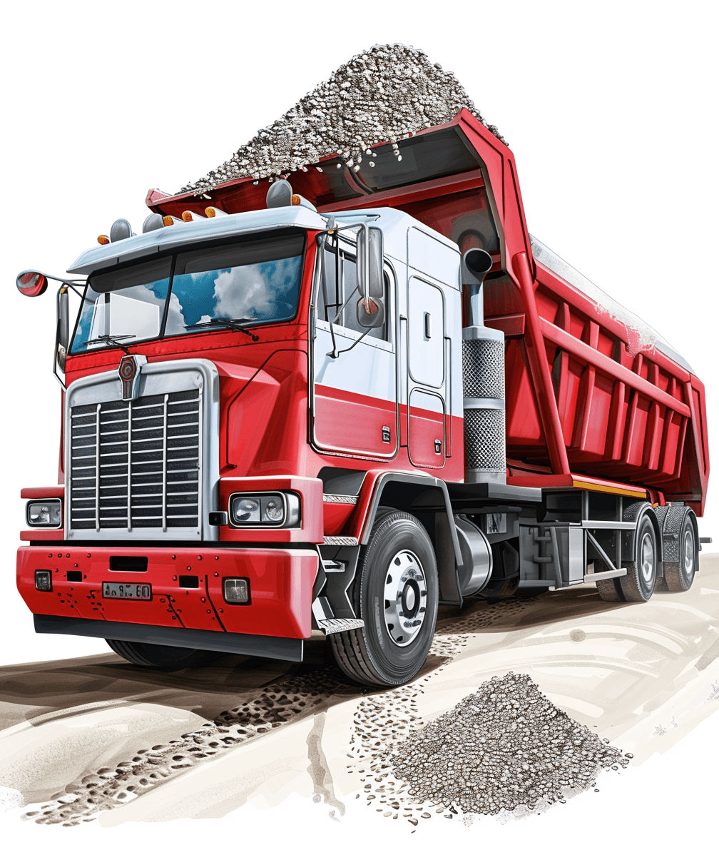 Detailed red dump truck with open cabin full cabin full of gravel, vector illustration, white background, high resolution, no shadows, high detail, sharp focus, in the style of illustration, side view, closeup