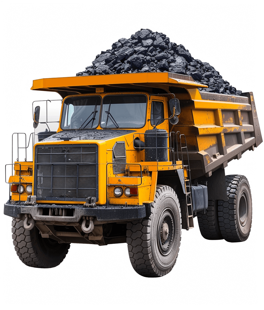 A yellow mining truck with an open body full of coal, on a white background, in a high resolution photograph. The image is in the style of high resolution photography.