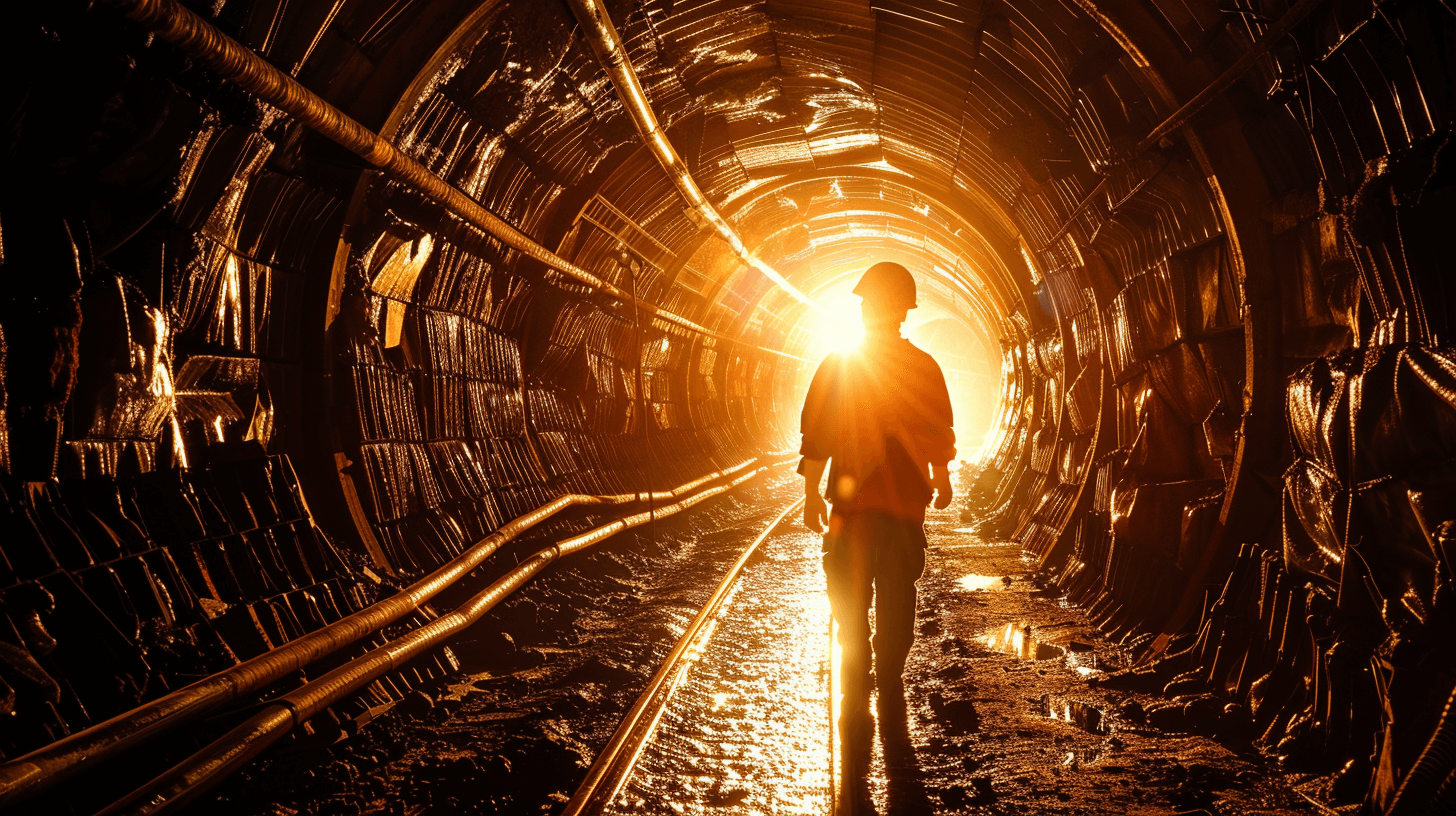 A worker in the mine walks along an underground tunnel, illuminated by sunlight from above, against dark walls and steel structures of the rocky space. The light falls on him through holes in metal beams. A silhouette is visible in front of us. High detail, ultra realistic photo, in the style of Canon EOS.