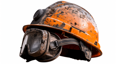 A dirty orange helmet for an underground worker with goggles on it, white background, high resolution photography