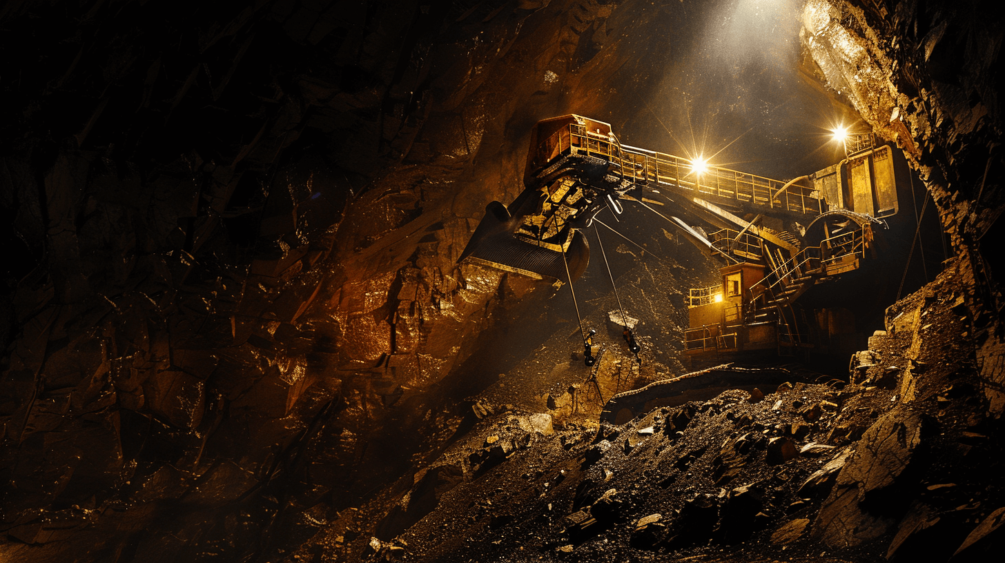 photo of large gold mining machine in dark cave, illuminated by bright lights, wide shot, golden light