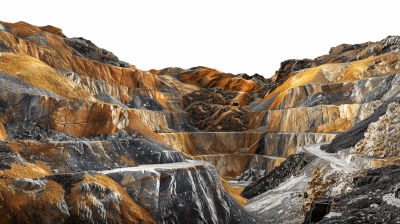 A photorealistic image of an open pit mine, showcasing the intricate layers and colors of mountain rock. The focus is on the detailed textures of different types of rocks, with golden veins visible in some areas. A white background emphasizes the natural beauty of the landscape. Lighting highlights the depth and texture of each layer. Shot from above for perspective. High resolution, high detail, with sharp details.