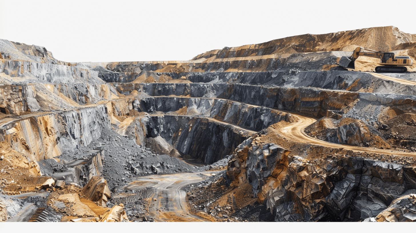 image of open pit mining site on a white background, hyper realistic photographic style. The image depicts an open pit mining site in the style of hyper realistic photography, with a white background and capturing fine details in a realistic manner.