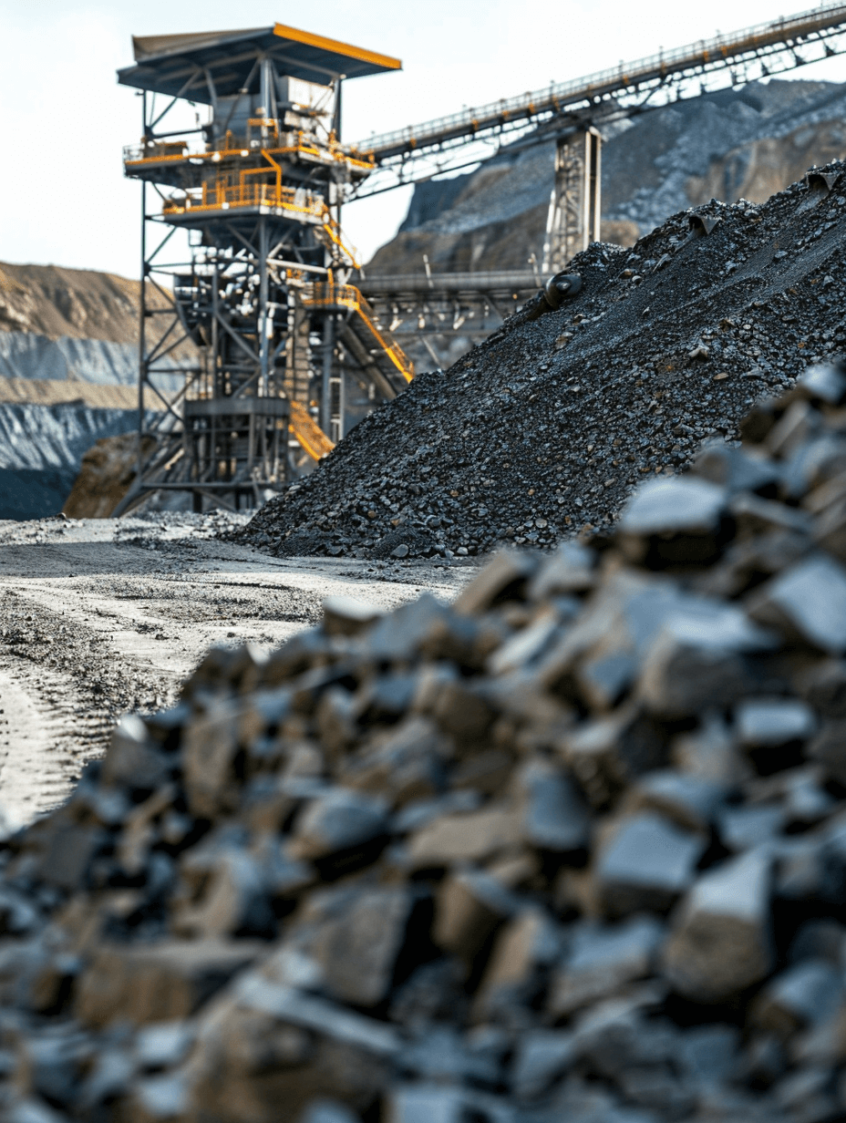 A photo of an open pit coal mine with many dark grey rocks and machinery in the background, taken in bright daylight, shot on a Sony Alpha A7 III in the style of no particular artist.