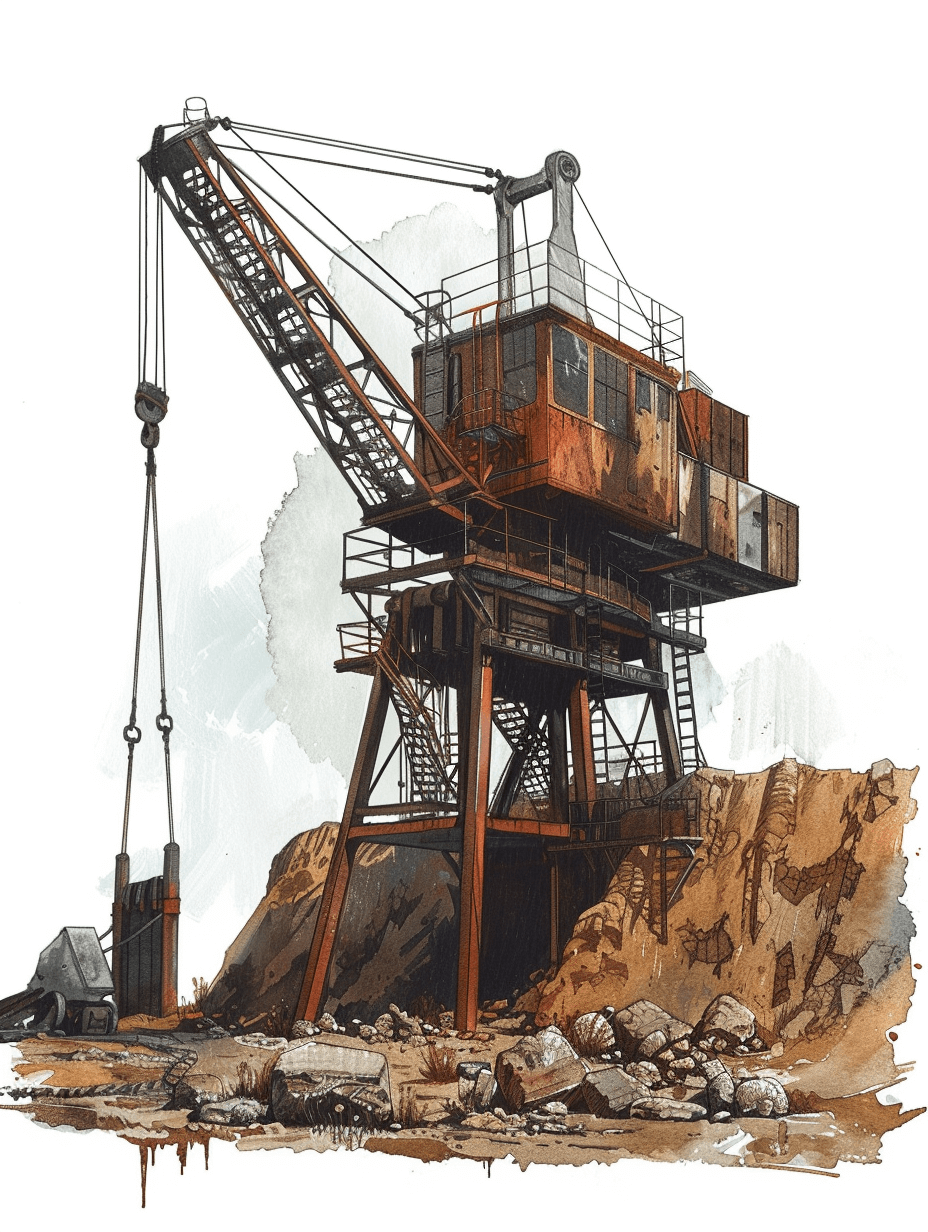 A hand drawn illustration of an old abandoned mining crane on a white background, concept art in the style of [Yoji Shinkawa](https://goo.gl/search?artist%20Yoji%20Shinkawa) and Dominik Mayer, energetic illustrations with dynamic brushstrokes, Storybook illustration.