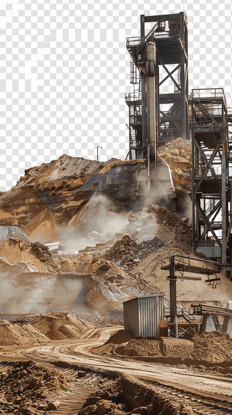 A high-tech sand mine with machinery and dust, isolated on a transparent background as a PNG file. The scene depicts a sand mine in the style of modern machinery and technology used for extraction, with dust visible in the air.