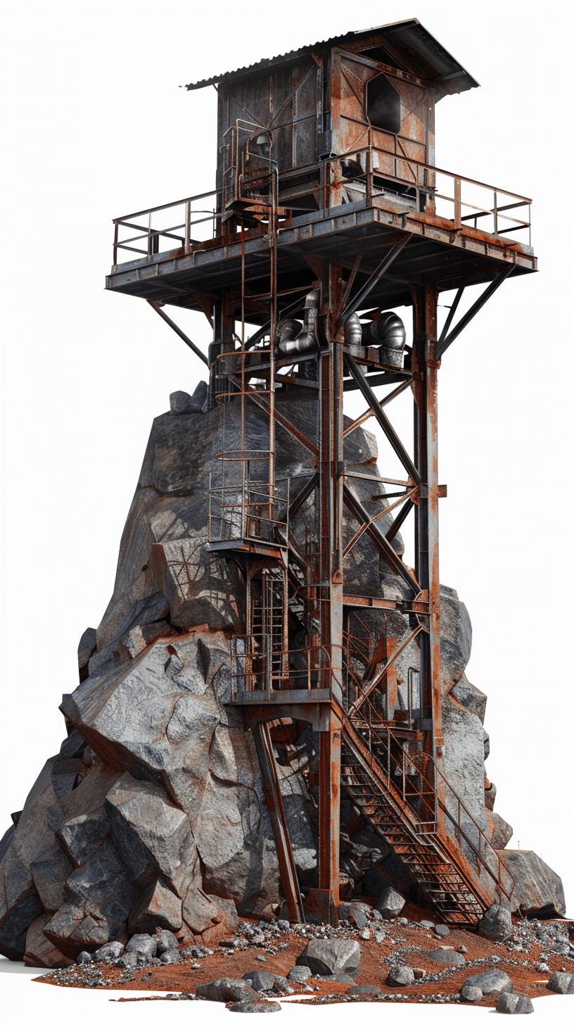 a rusty metal mining watchtower on top of rocks, highly detailed, high resolution, white background, artstation style