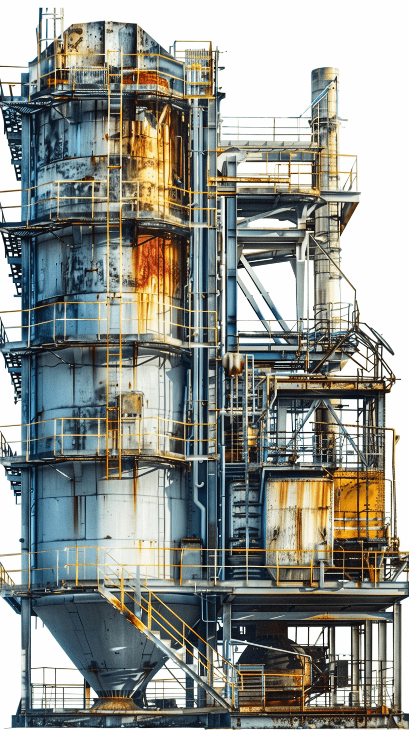 industrial tower, rusted and old, with many pipes, realistic photography, white background, full body shot, high resolution, high quality, high detail, hyper detailed