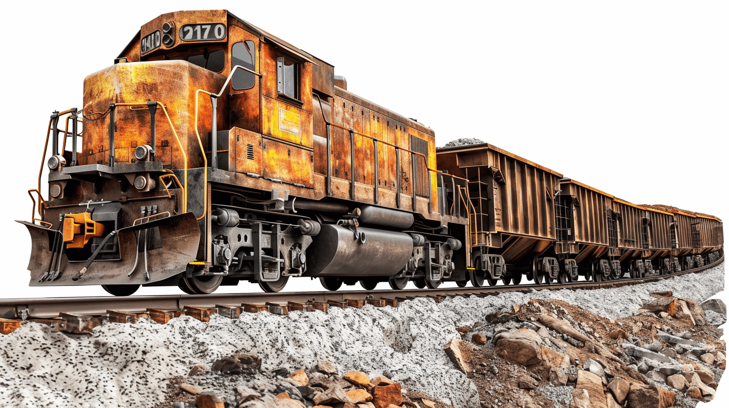 a side view of an old train with rusted steel carriages carrying rocks, on white background, png transparent style, high resolution, ultra realistic photography