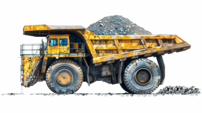 A yellow open mine truck full of coal, side view, with a white background, a realistic watercolor illustration clipart in the style of super detailed, vibrant colors.