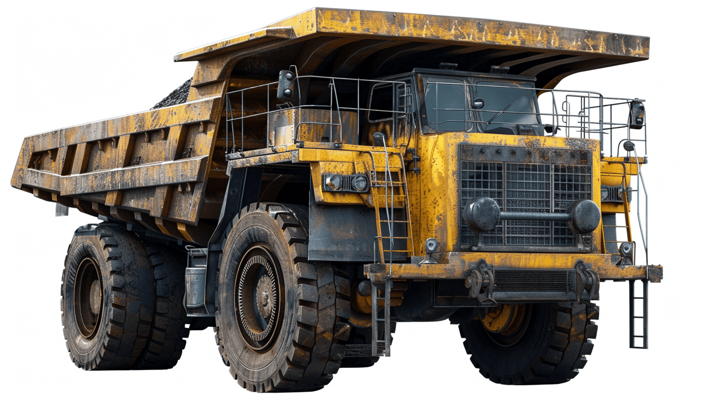 A large yellow mining truck with no background, in the style of a white background, high resolution photography, insanely detailed and intricate, fine details, stock photo of the highest quality, sharp focus, hyper realistic photography.