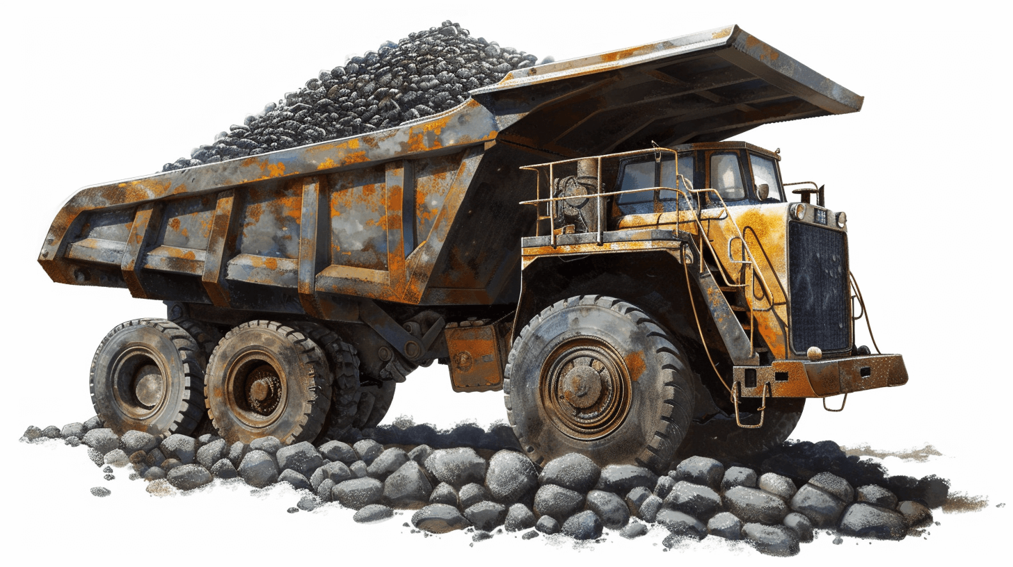 A heavy dump truck carrying rocks in the back against a white background, in the clip art style, in the style of an oil painting, with realism, in the illustration style, as a high resolution image, rendered in a super realistic style, with detailed textures, and high detail.