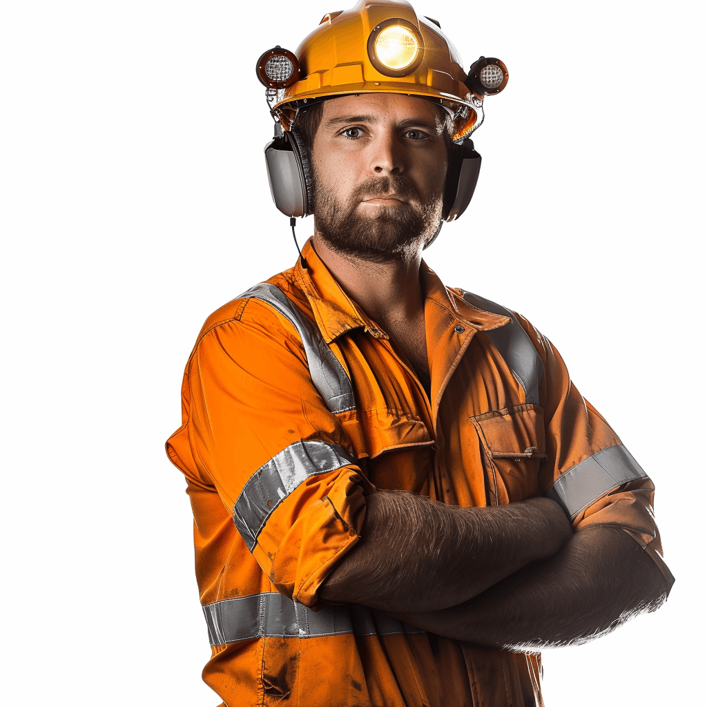 A photo of an Australian mining worker with orange , a helmet and a light on his head posing for the camera with his arms crossed in front of a white background. He is looking at the camera with a serious expression. The man has short brown hair and a beard. The photo was captured using a Canon EOS 5D Mark IV DSLR with an f/8 aperture setting to capture details, in the style of a realistic portrait.